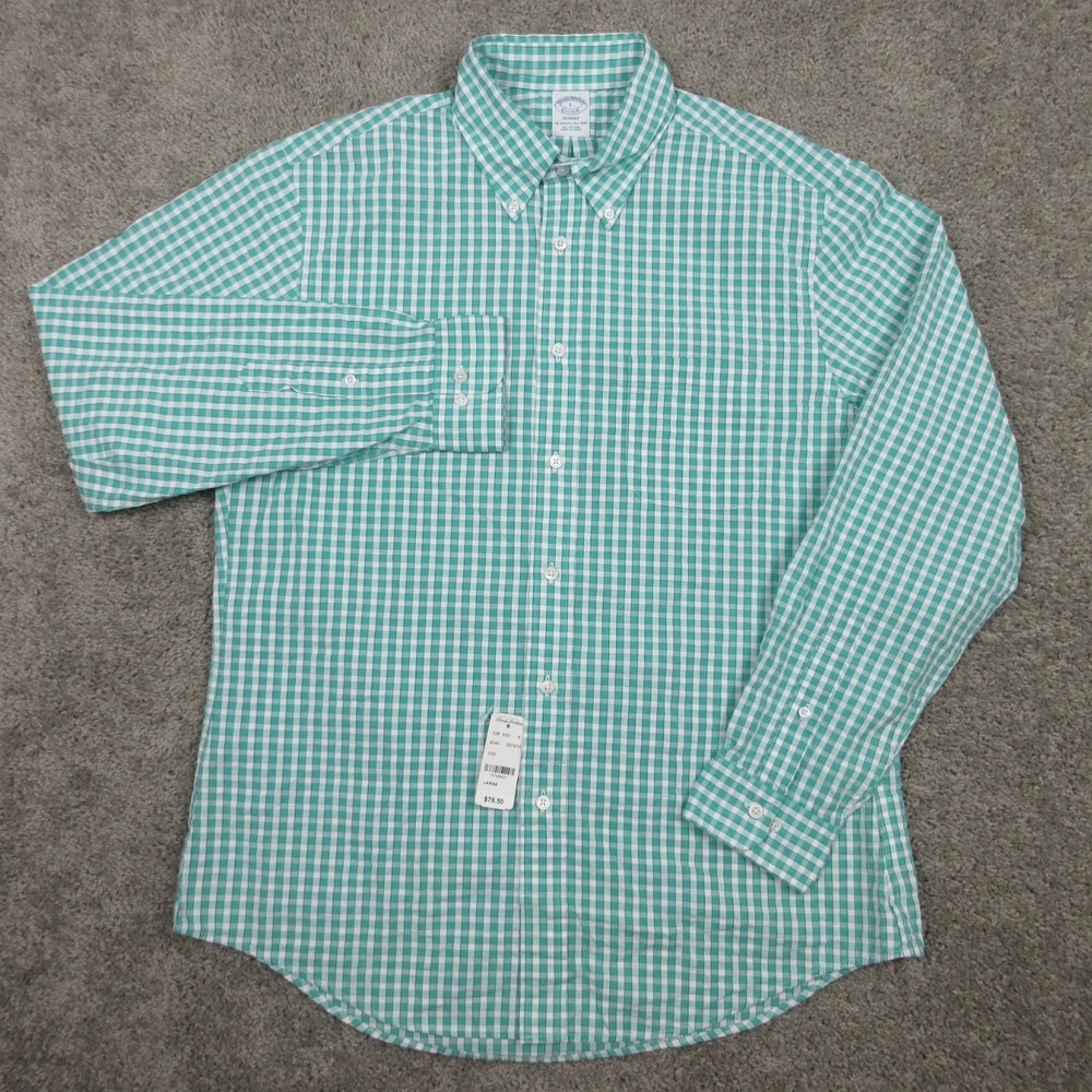 Brooks Brothers Shirt Mens Large Green Plaid Gingham Regent Button Up NEW